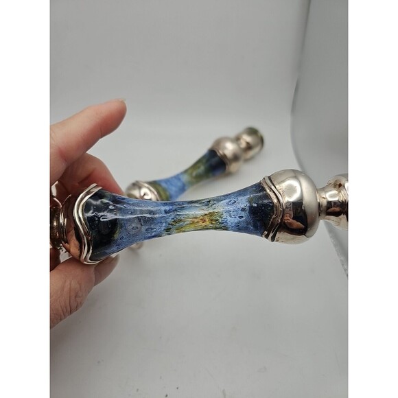 Vintage Pair 925 Silver and Blue Stained Glass Candle Holders - Picture 4 of 6